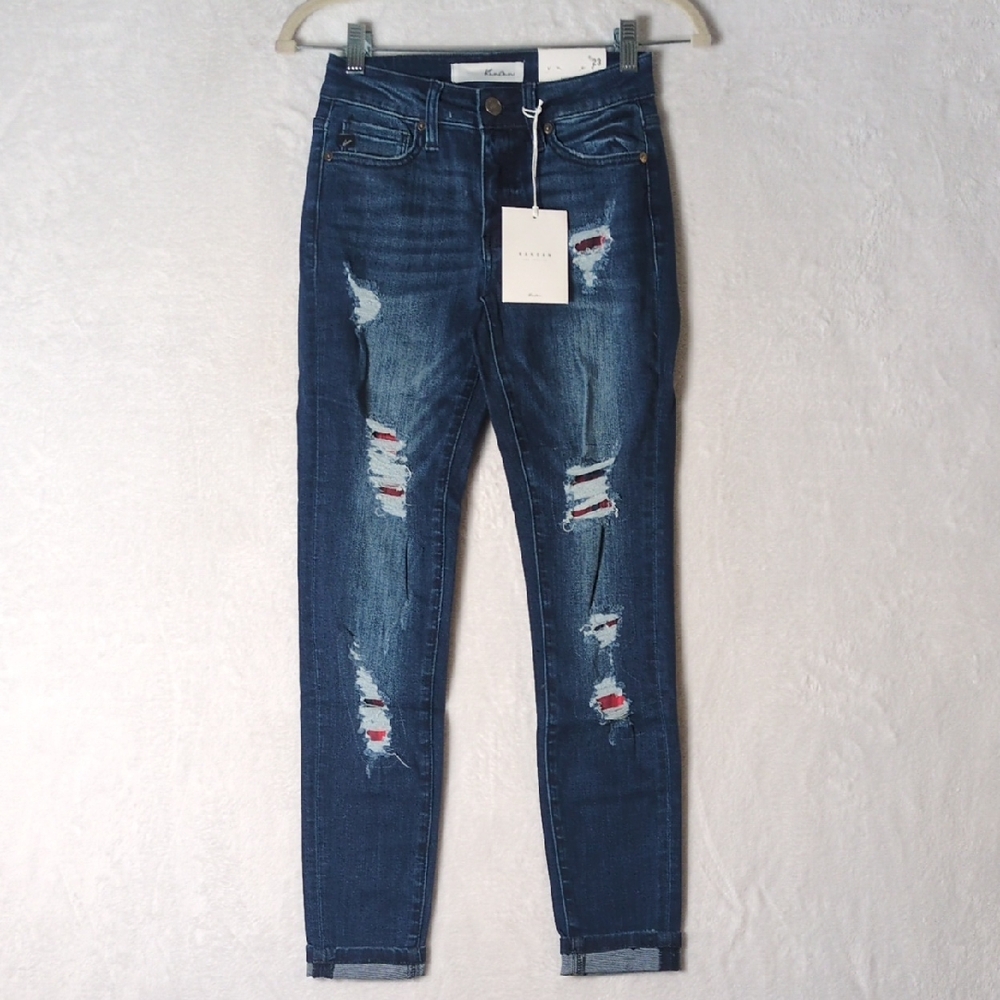 KanCan‎ Junior's Distressed Patchwork Mid Rise Skinny Jeans Size 0